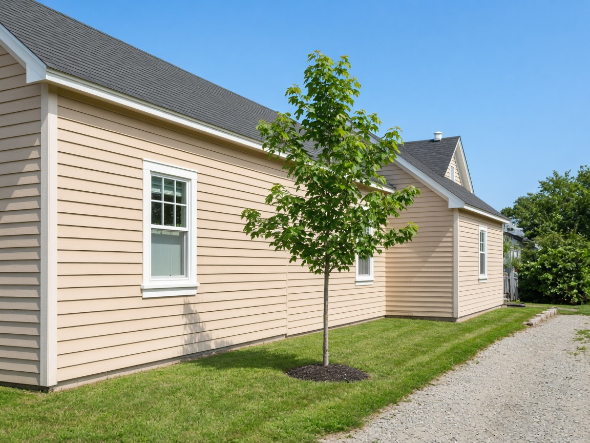 Daylight yard and young tree beside a small building
